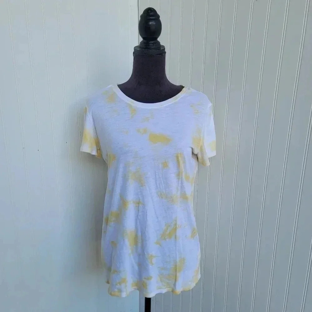 Victoria Secret PINK T Shirt Yellow White Tie Dye Crew Neck Short Sleeve Sz M